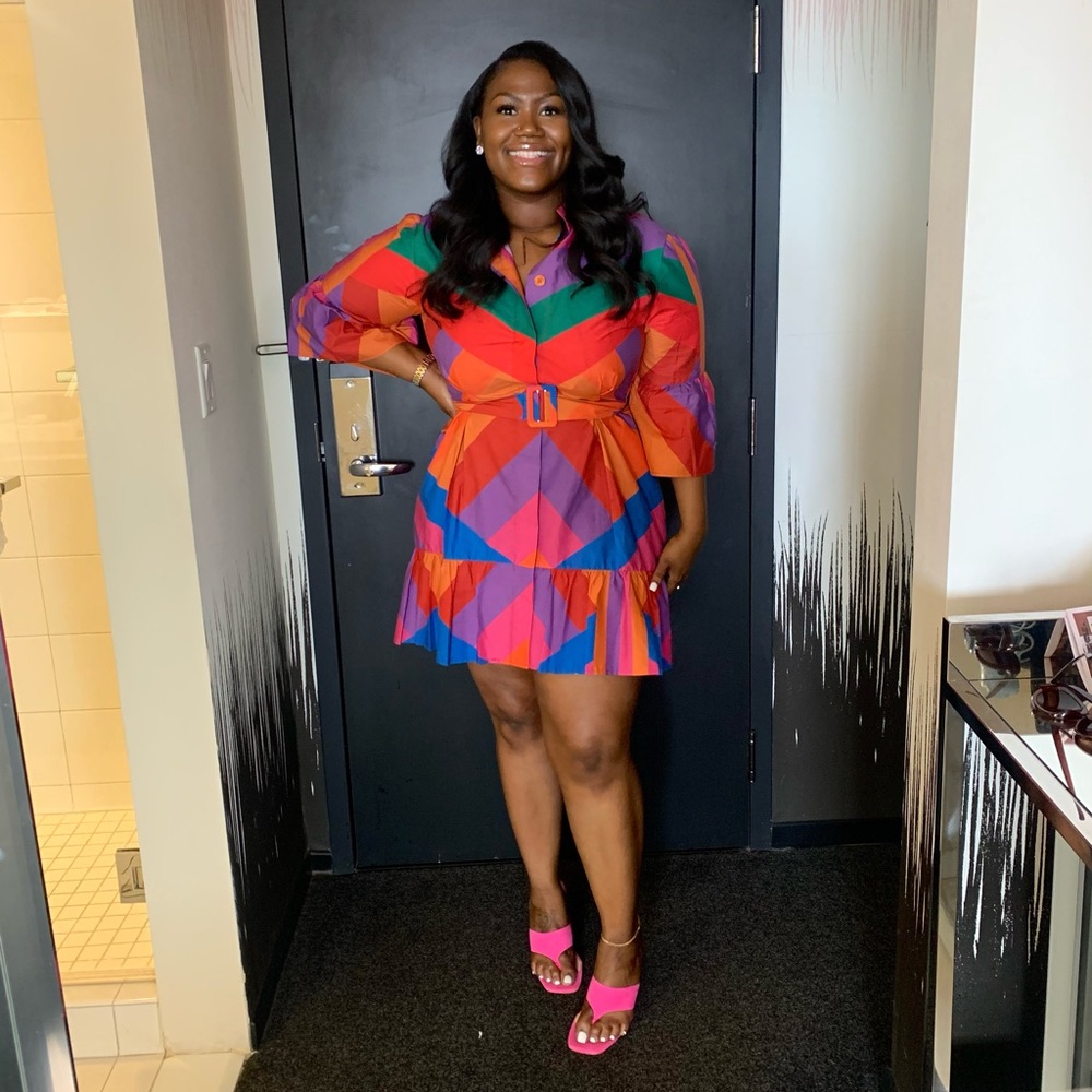 FARM RIO BRILLIANT “AMANDA STRIPES MINI DRESS”❤️🧡💛💚💙🤍💜💓